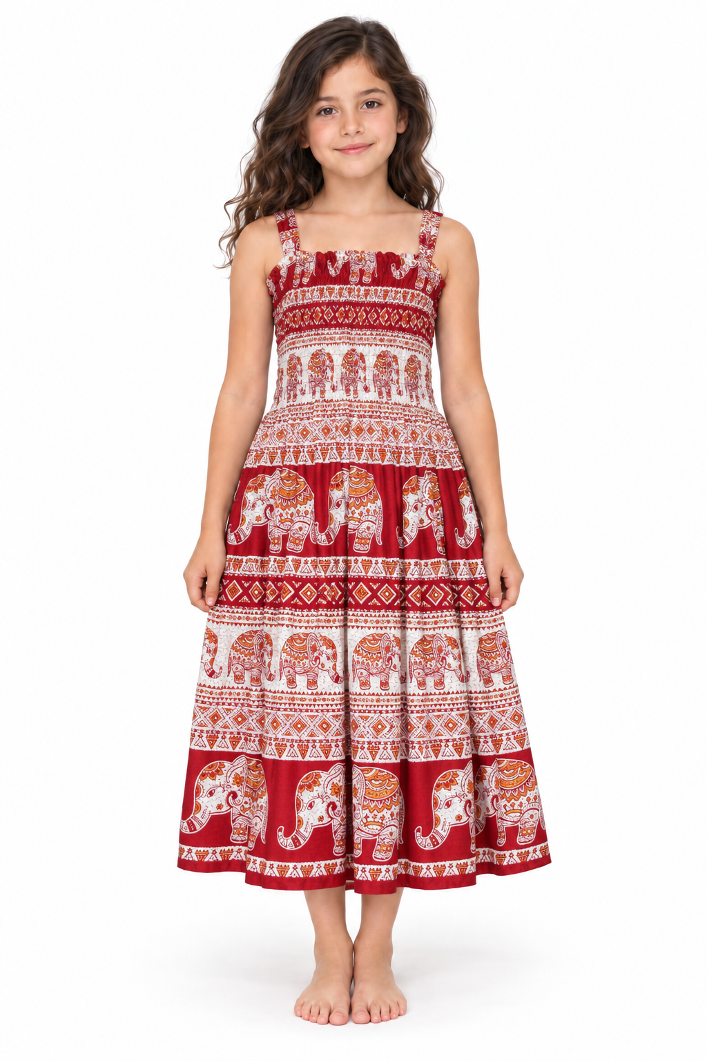 Red Elephant Print Smocked Dress - model front view