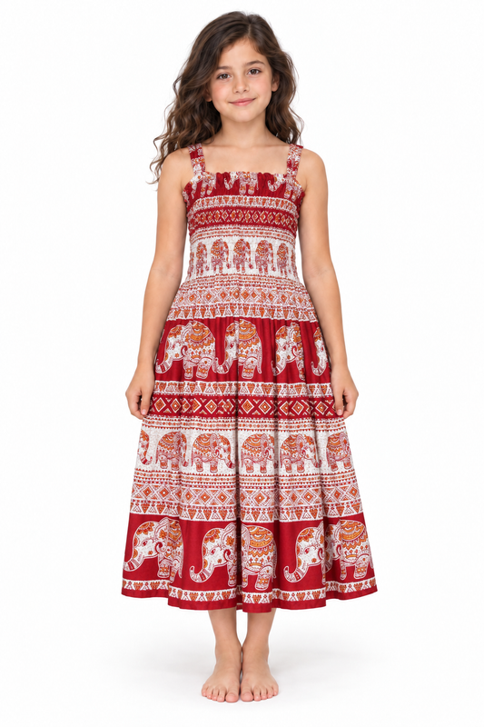 Red Elephant Print Smocked Dress - model front view
