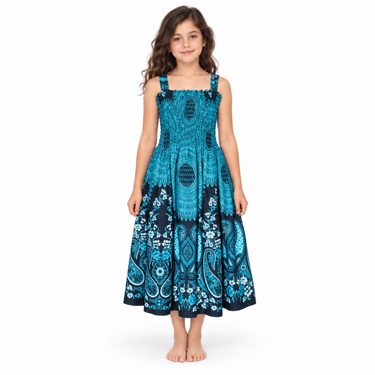 Turquoise and Black Paisley Smocked Dress - model front view