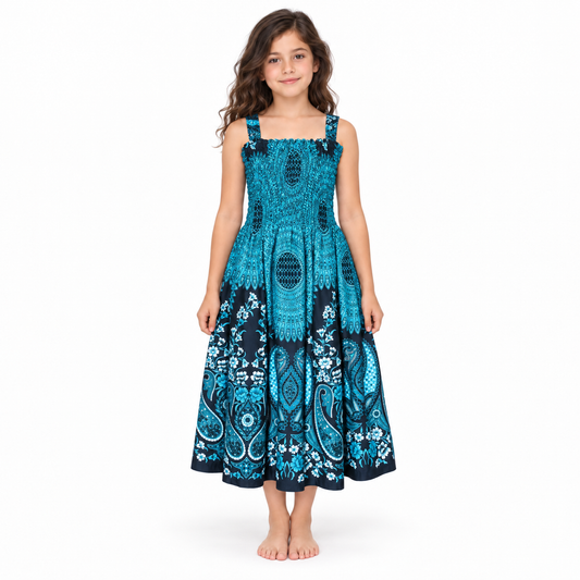 Turquoise and Black Paisley Smocked Dress - model front view