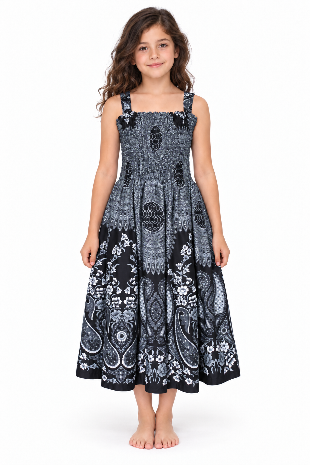 Black and White Paisley Smocked Dress - model front view