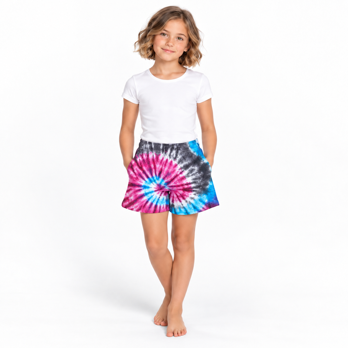Magenta Blue Tie-Dye Shorts - model front view