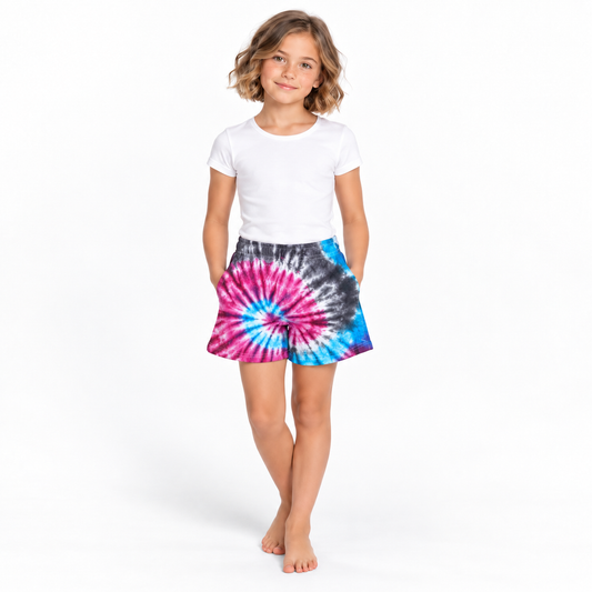 Magenta Blue Tie-Dye Shorts - model front view
