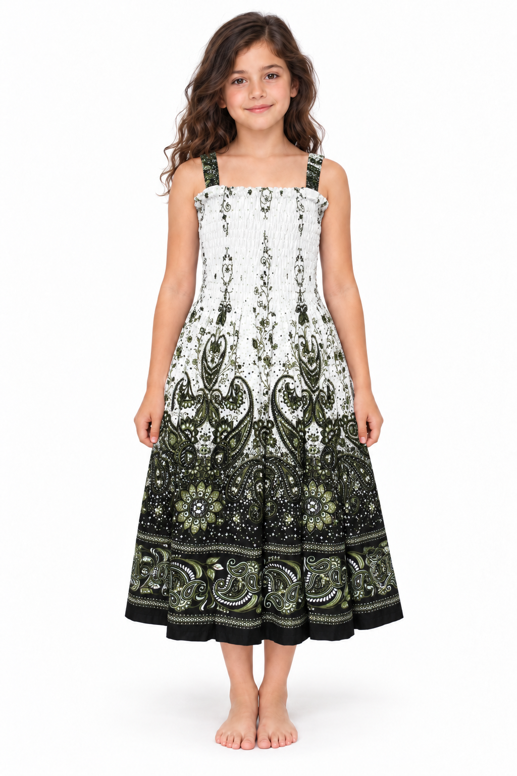 White and Black Paisley Smocked Dress - model front view