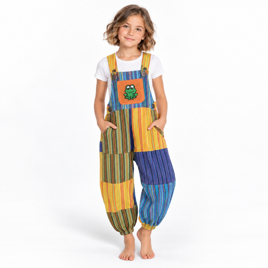 Multicolor Patchwork Overalls - model front view