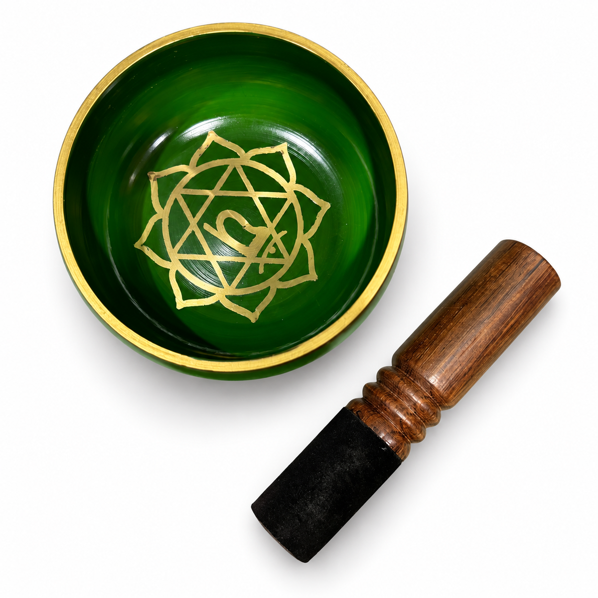 Green Chakra Singing Bowl with Black Mallet - view 2