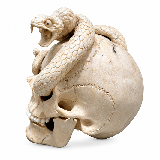 Hand-Carved Snake on Wooden Skull Sculpture - corrected view 2