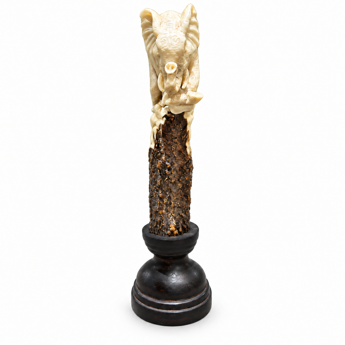Hand-Carved Elephant Head Made from Deer Antler with Display Stand