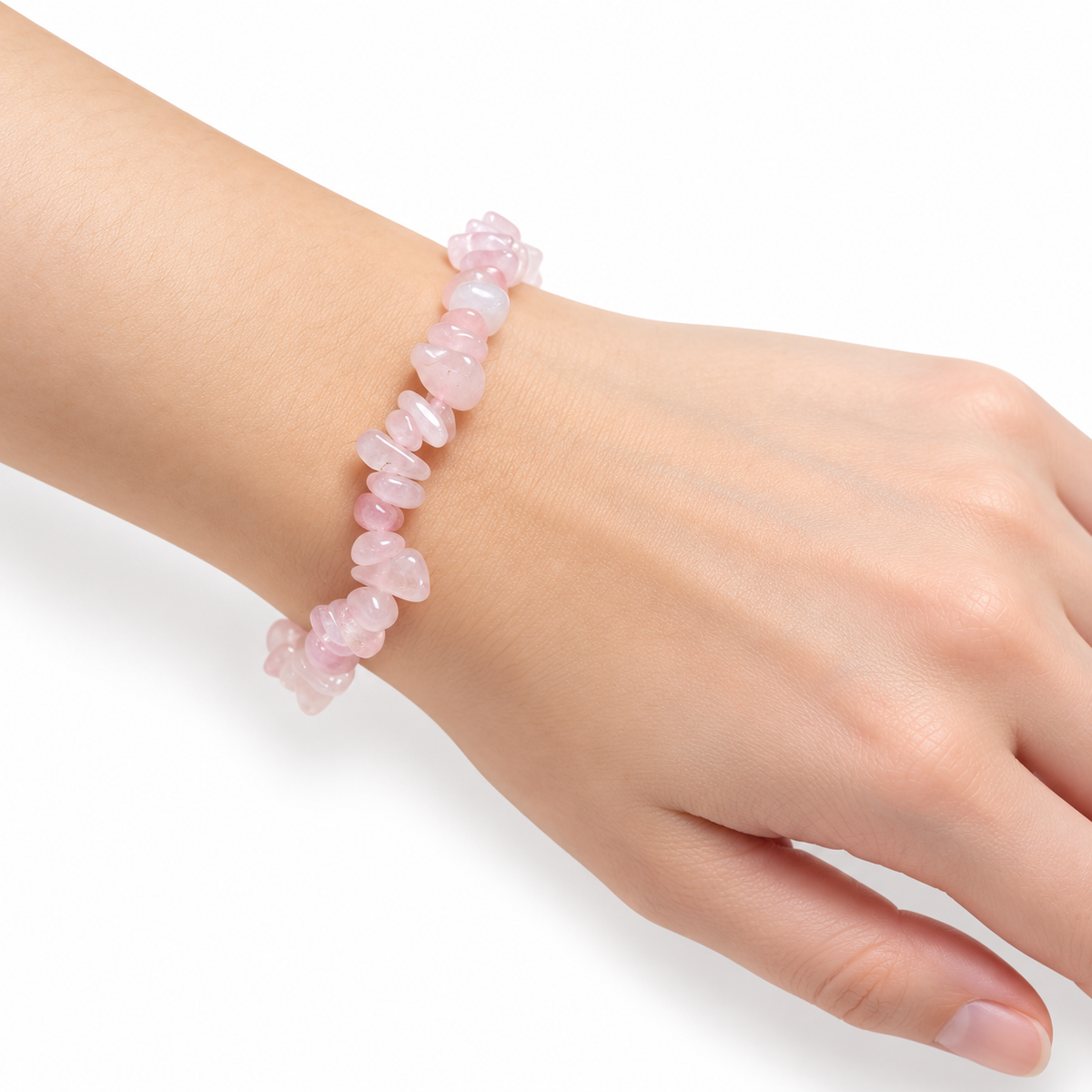 Rose Quartz Chip Bracelet — wrist angle