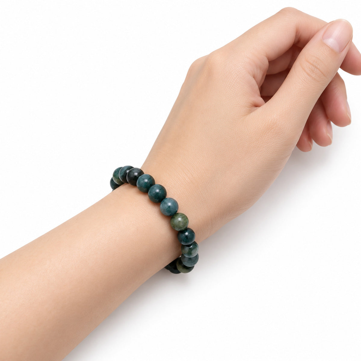Moss Agate Bead Bracelet — wrist angle
