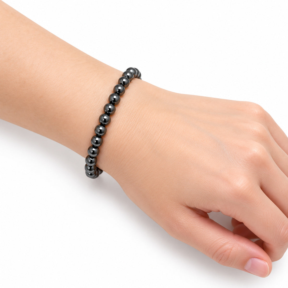 Hematite Fine Bead Bracelet — wrist angle