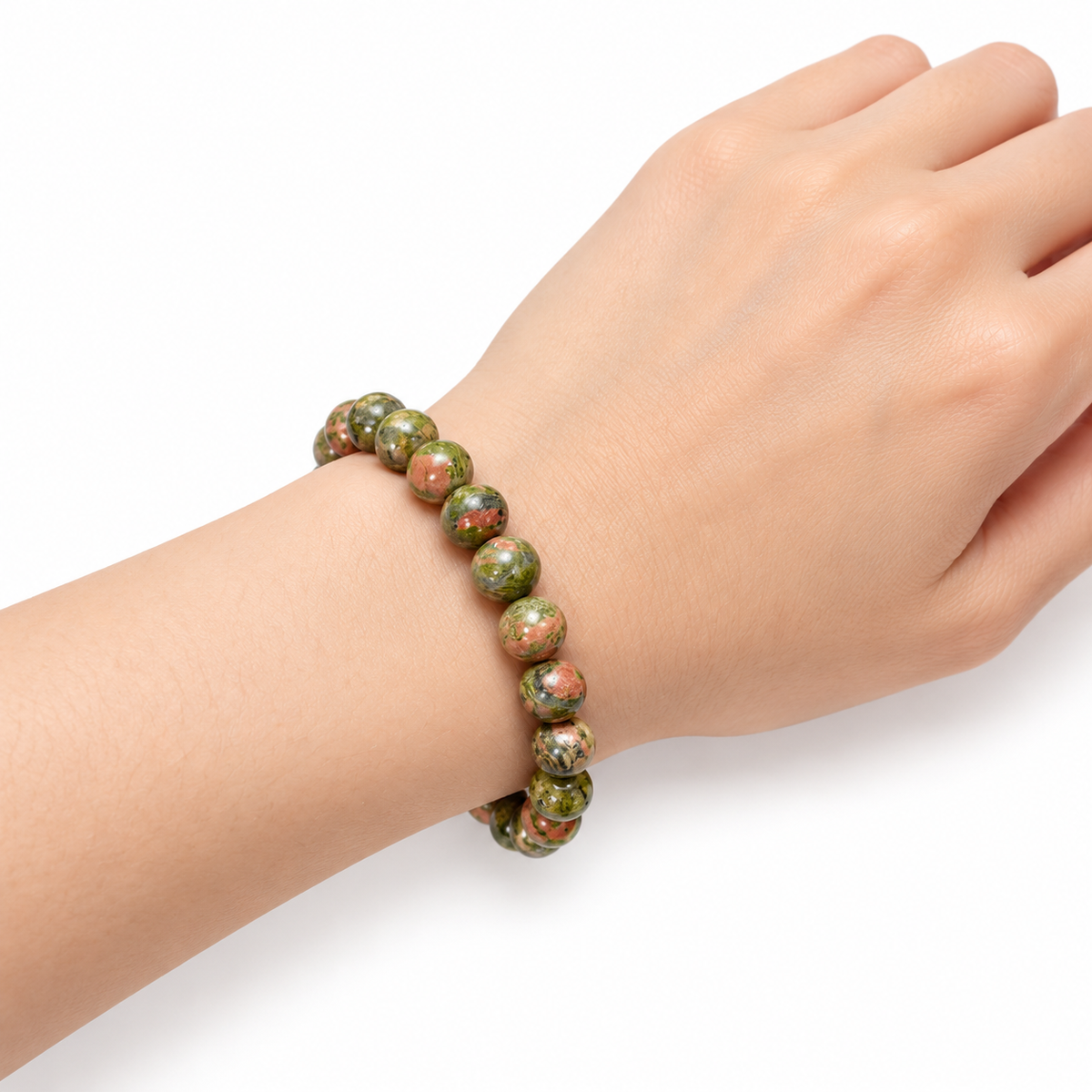Unakite Bead Bracelet — wrist angle