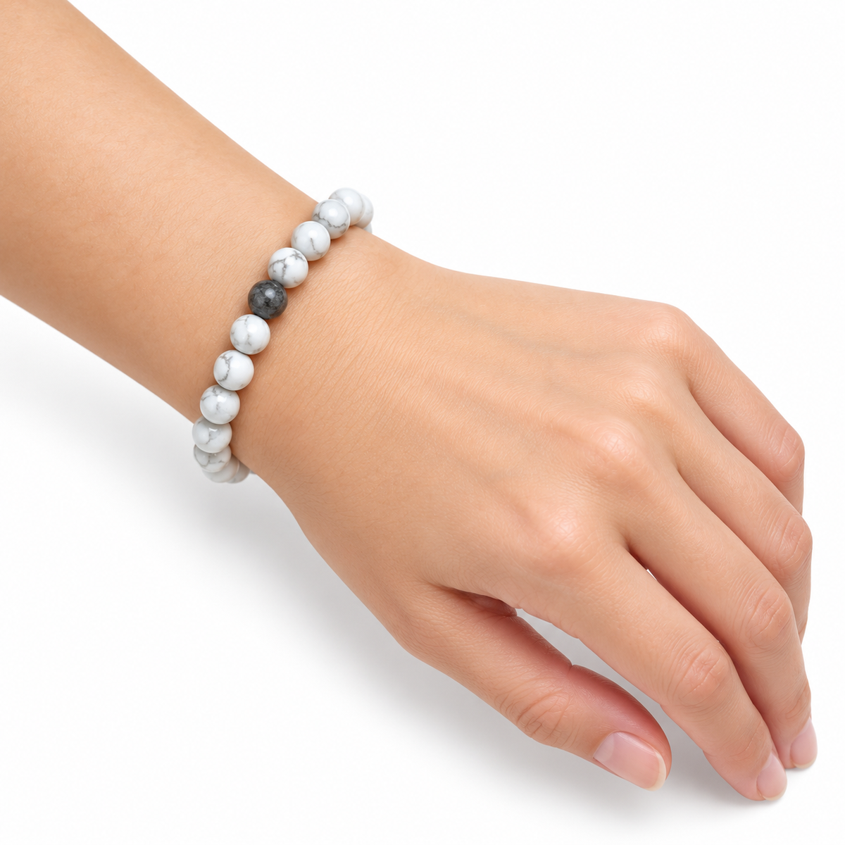 Magnesite Bead Bracelet — wrist angle