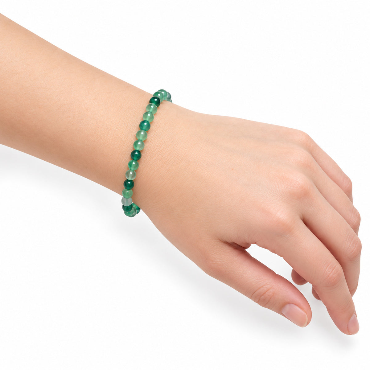 Green Agate Bead Bracelet — wrist angle
