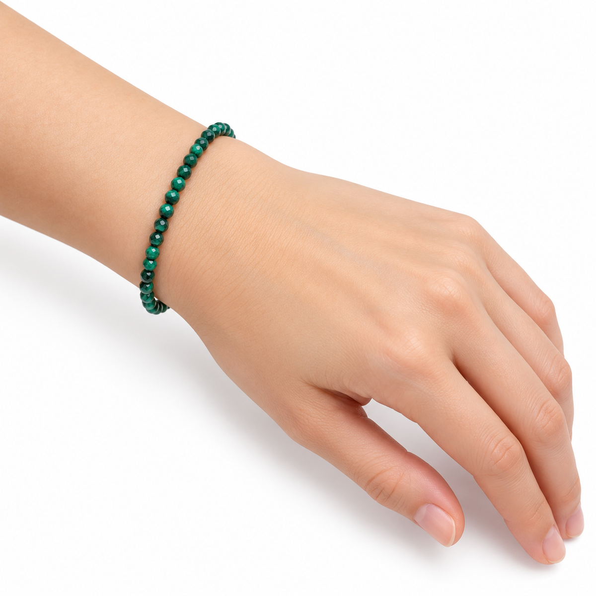 Malachite Fine Bead Bracelet — wrist angle