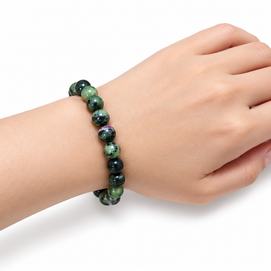 Ruby Zoisite Bead Bracelet — wrist angle