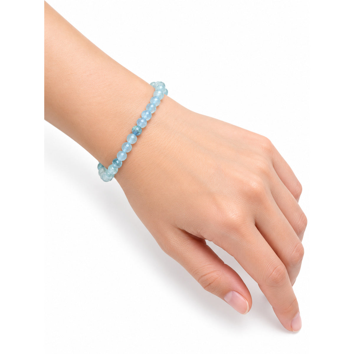 Aquamarine Bead Bracelet — wrist angle