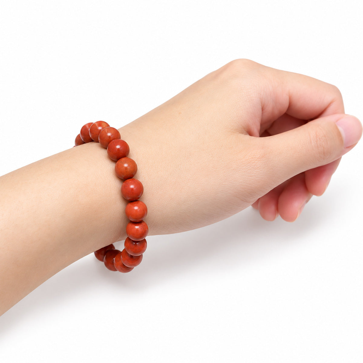 Red Jasper Bead Bracelet — wrist angle