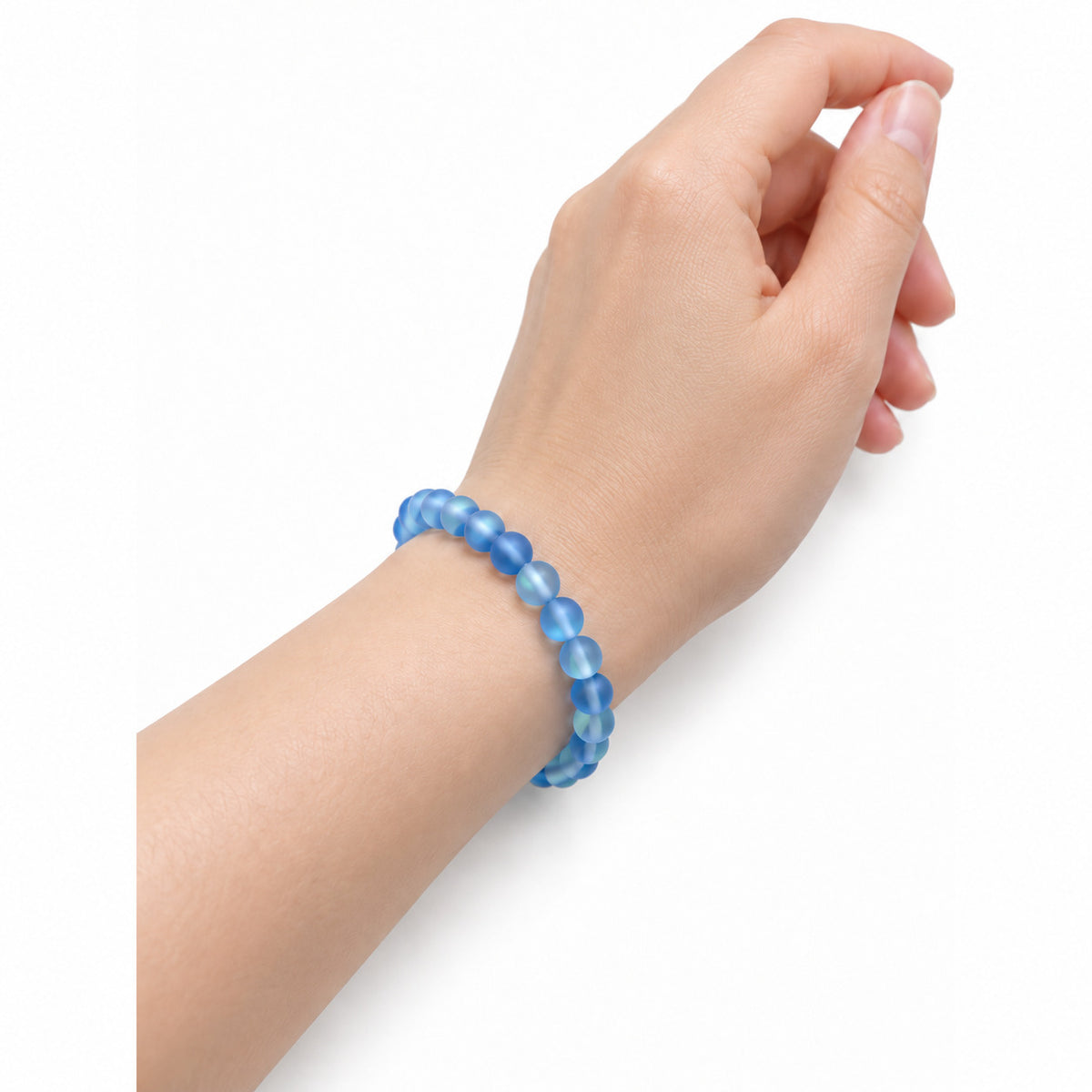 Blue Matt Crystal Bead Bracelet — wrist angle