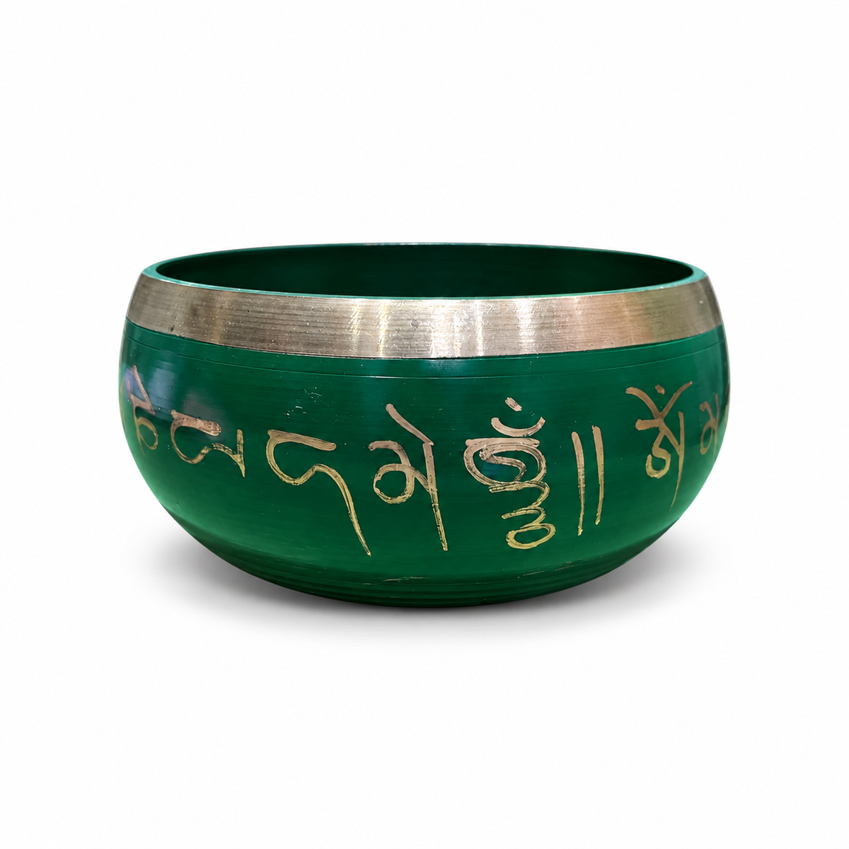 Green Mantra Singing Bowl with Red Mallet - front angle view