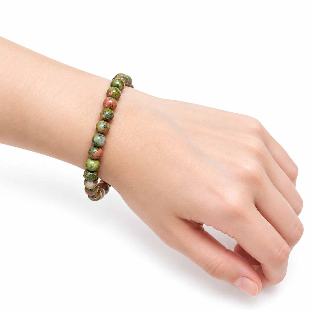 Unakite Large Bead Bracelet — wrist angle
