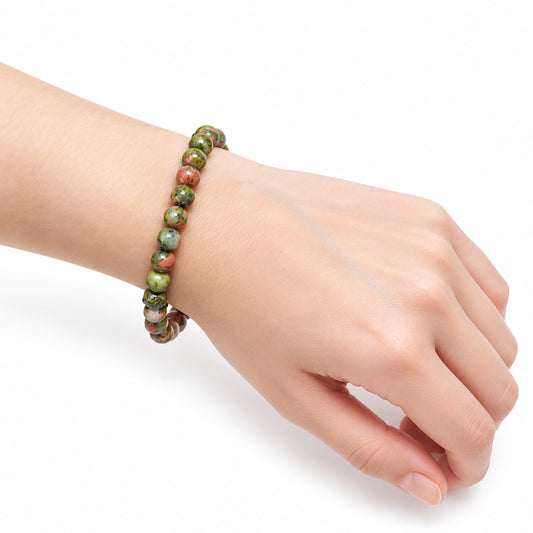 Unakite Large Bead Bracelet — wrist angle