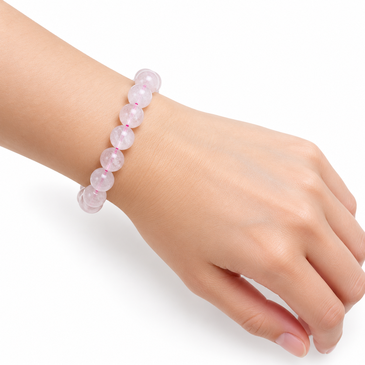 Rose Quartz Bead Bracelet — wrist angle