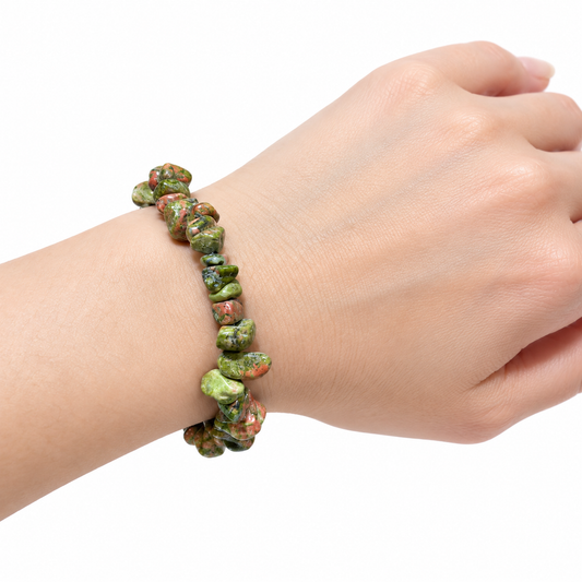 Unakite Chip Bracelet — wrist angle