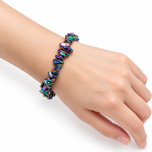Rainbow Hematite Chip Bracelet — wrist angle