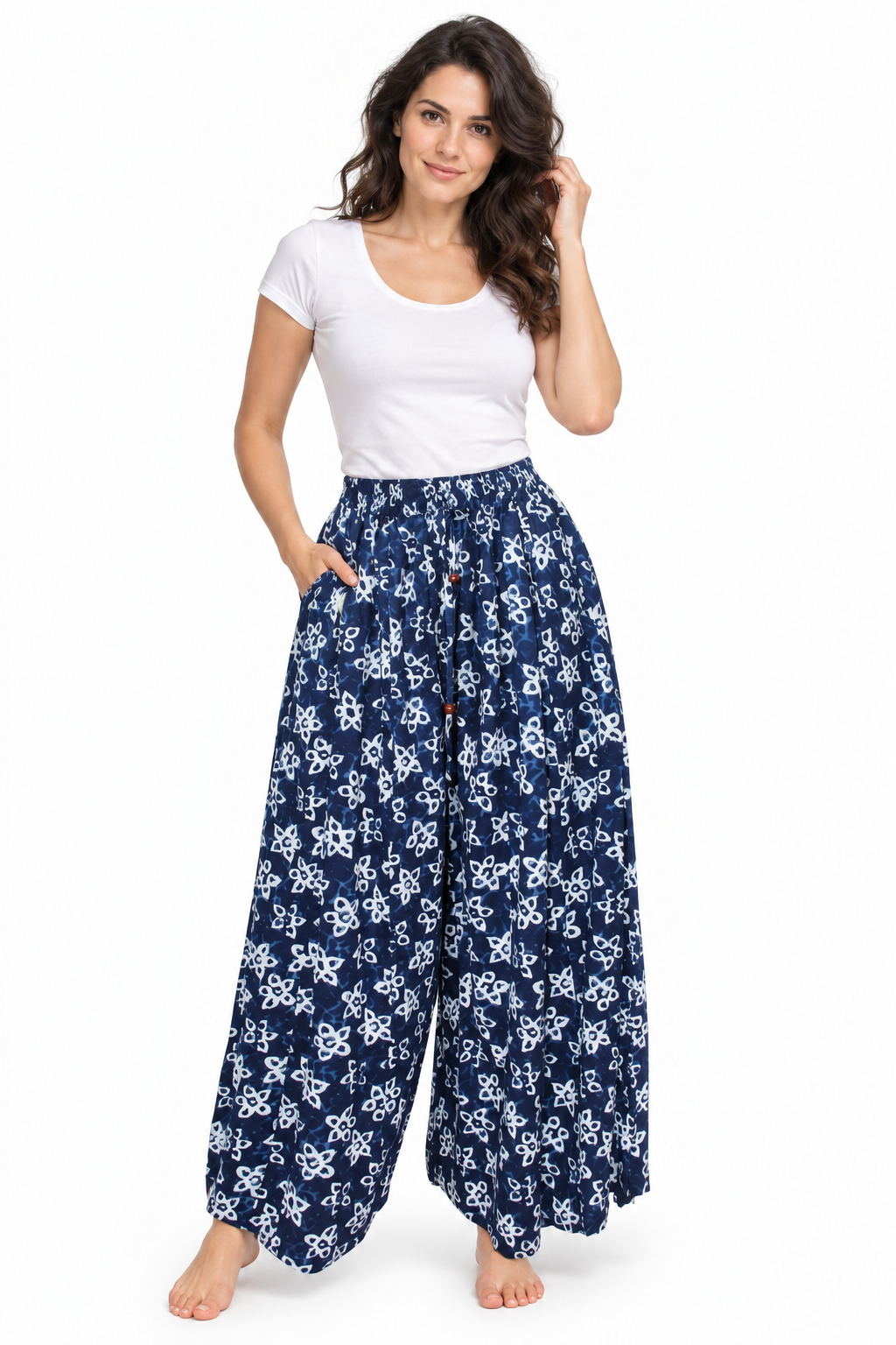 Navy White Floral Harem Pants model front view