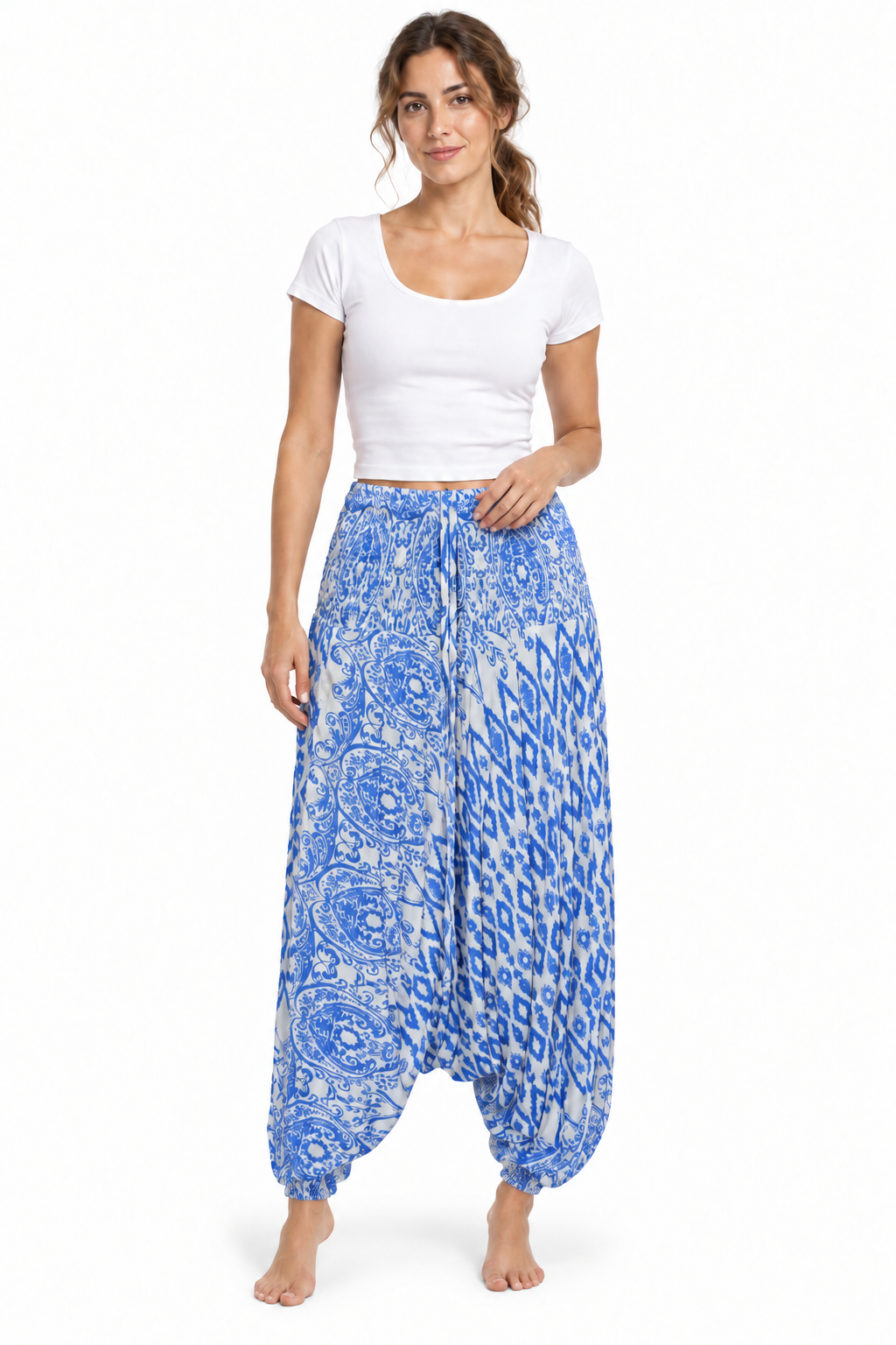 Blue White Floral Harem Pants model front view