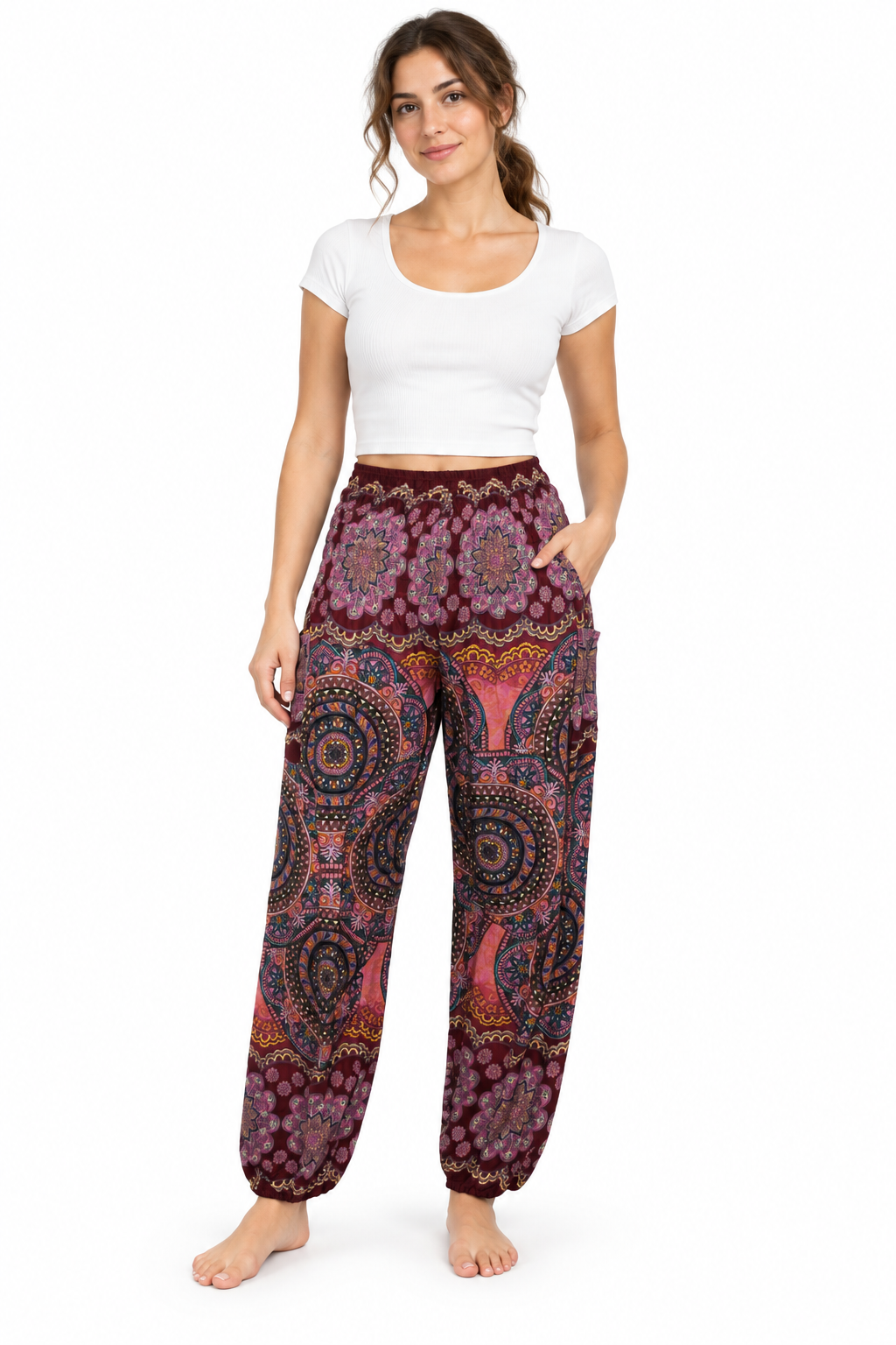 Burgundy Paisley Harem Pants model front view