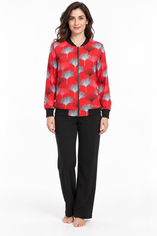 Jacket - Red Grey Ginkgo Leaf Pattern - image 2