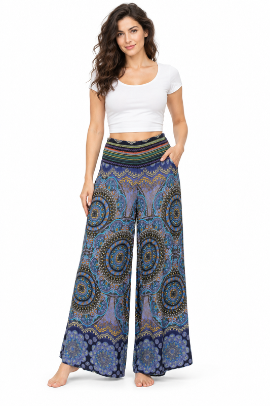 Blue Mandala Border Harem Pants model front view