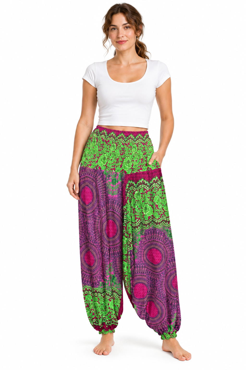 Green Pink Patchwork Harem Pants model front view