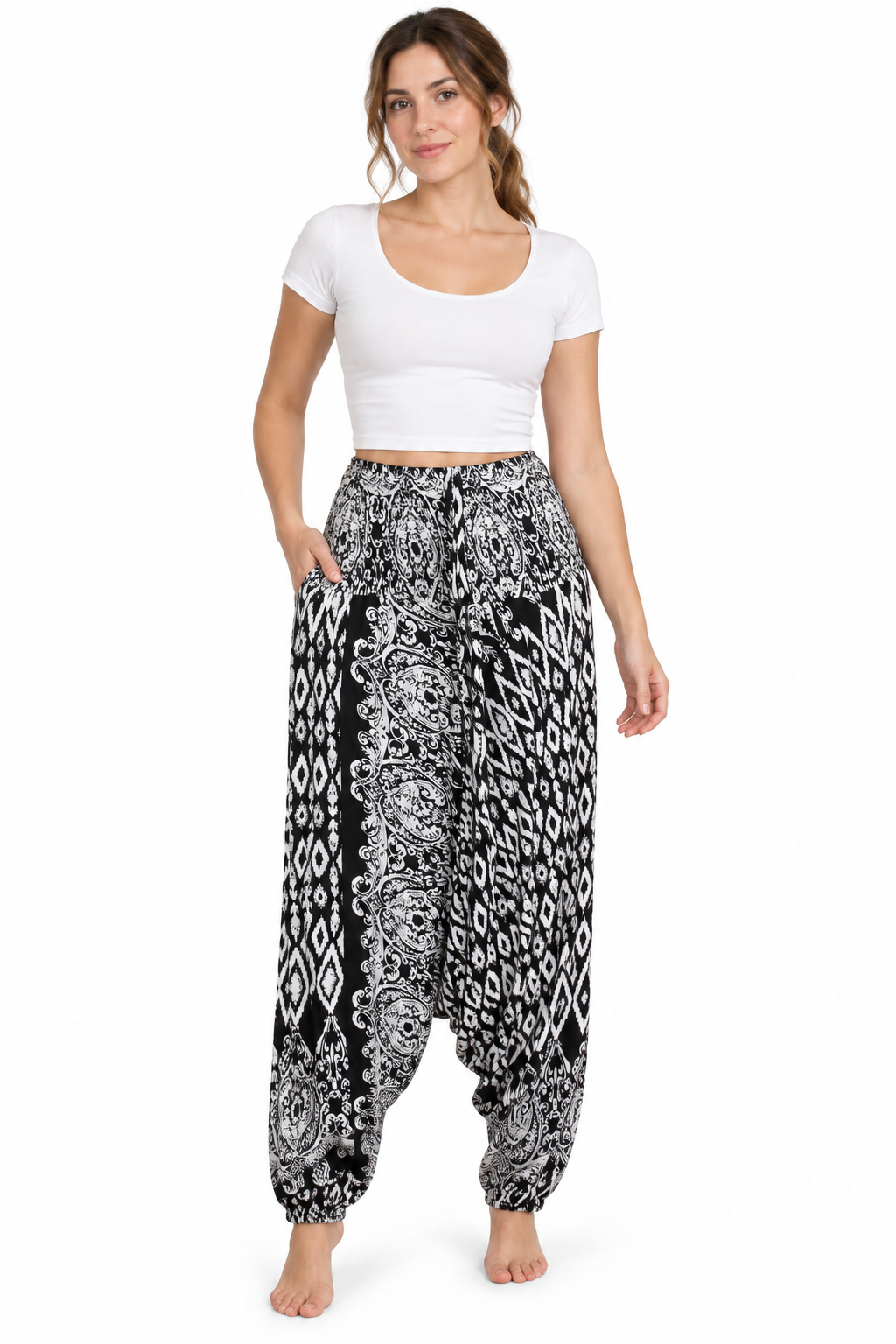 Black White Floral Harem Pants model front view