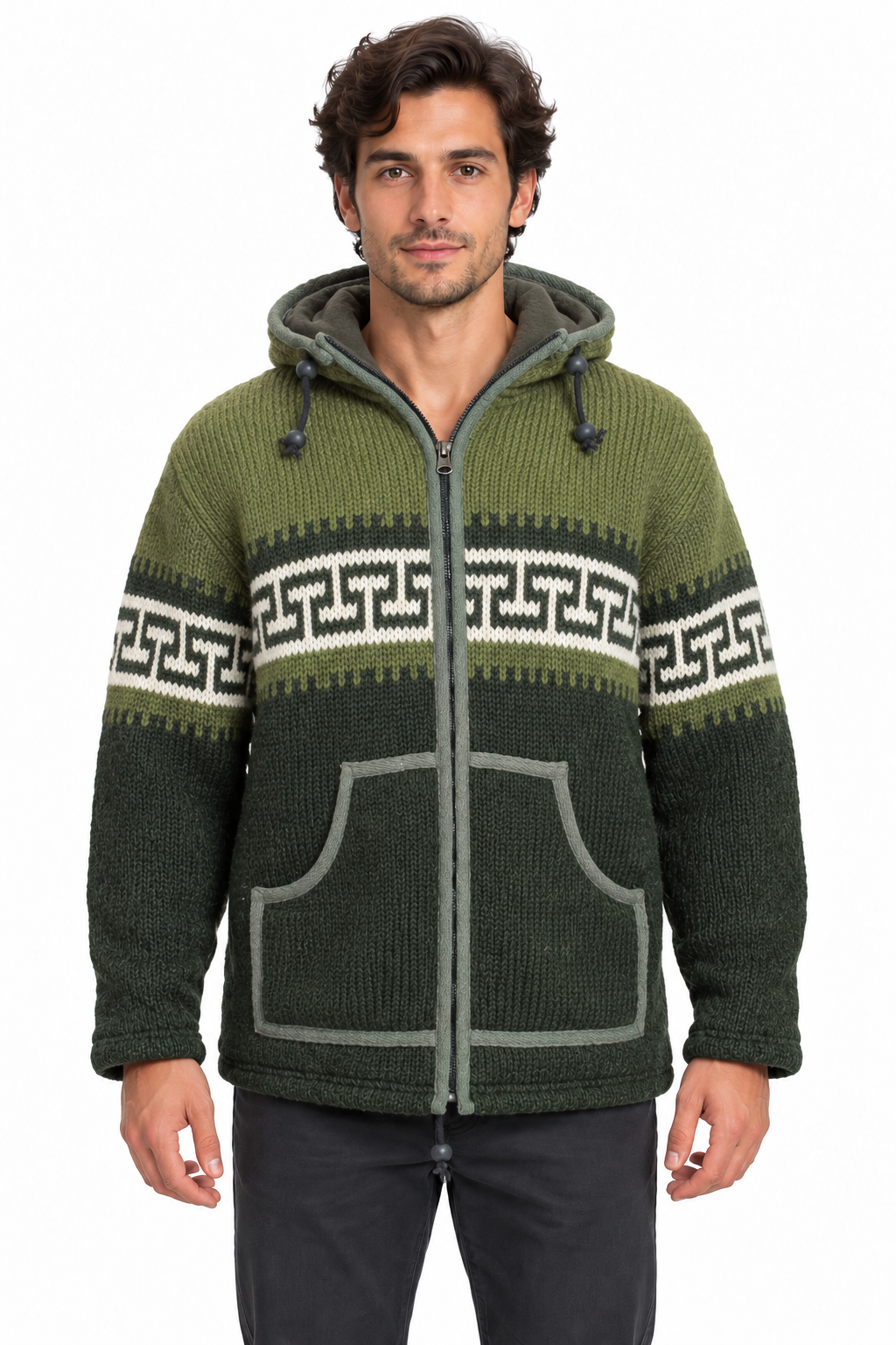 Olive Green Geometric Hooded Wool Jacket — model front view
