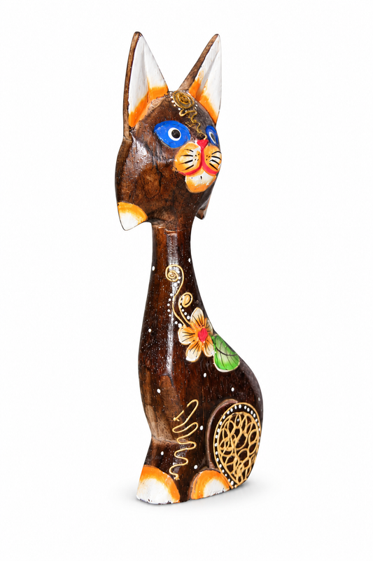 Painted Wooden Cat Tall Blue Eyes - 02-angle