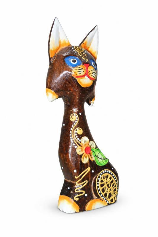 Painted Wooden Cat Tall Gold Pattern - 02-angle