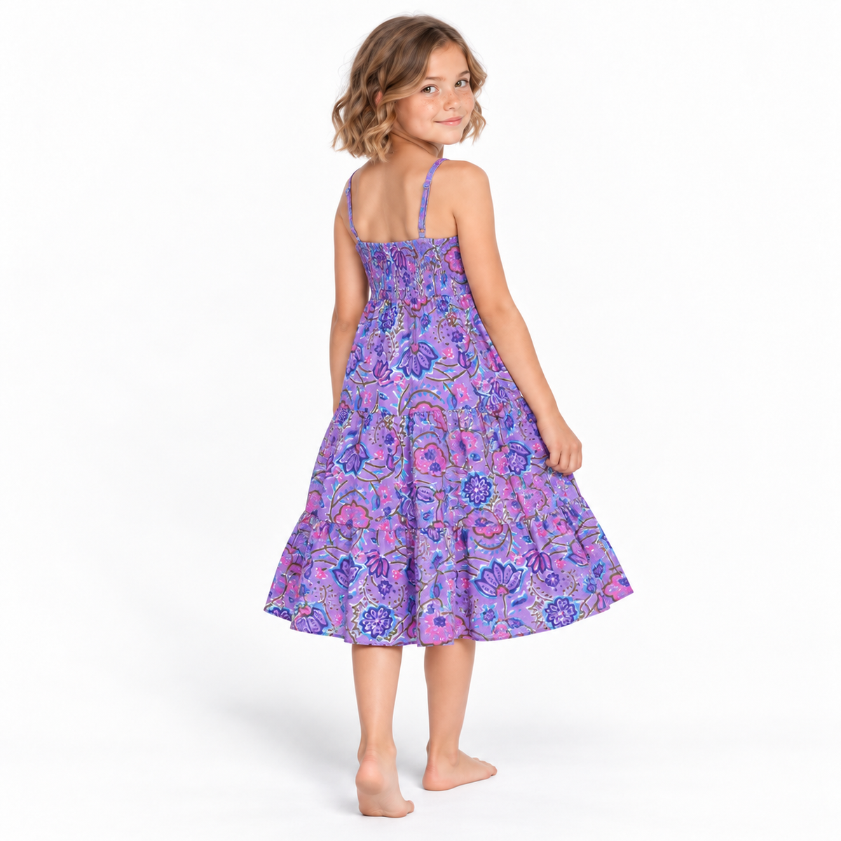 Purple Floral Sundress - model three-quarter back view