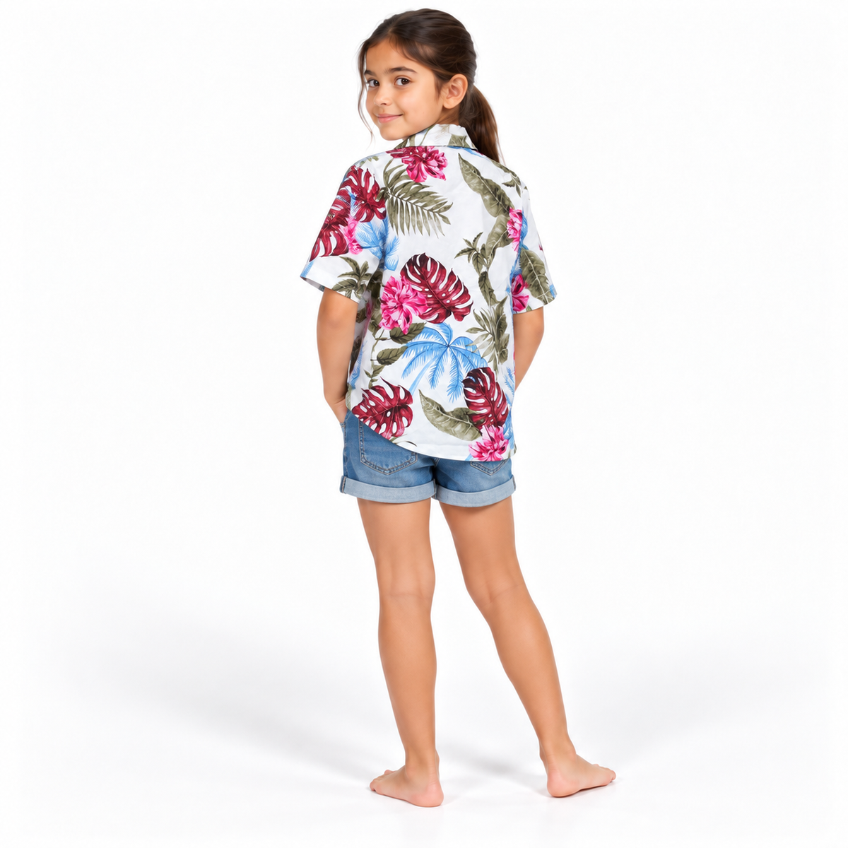 White Pink Blue Tropical Leaves Shirt - model three-quarter back view