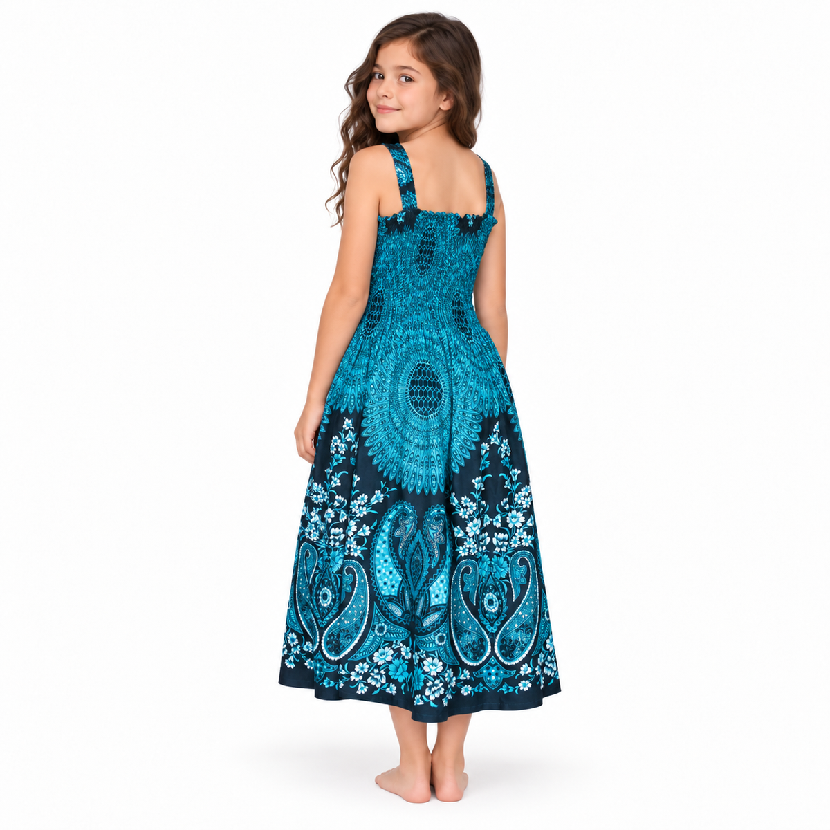Turquoise and Black Paisley Smocked Dress - model three-quarter back view