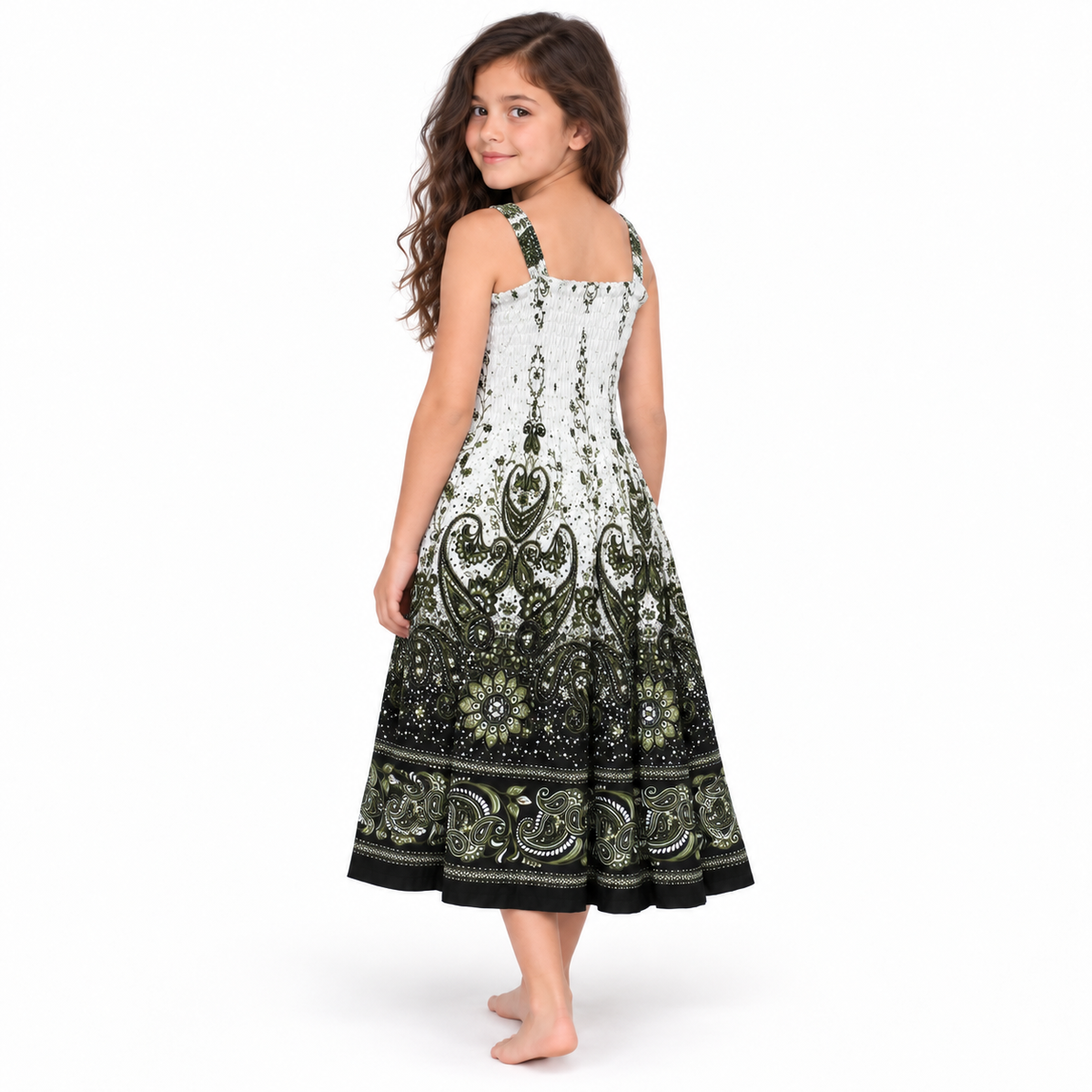 White and Black Paisley Smocked Dress - model three-quarter back view