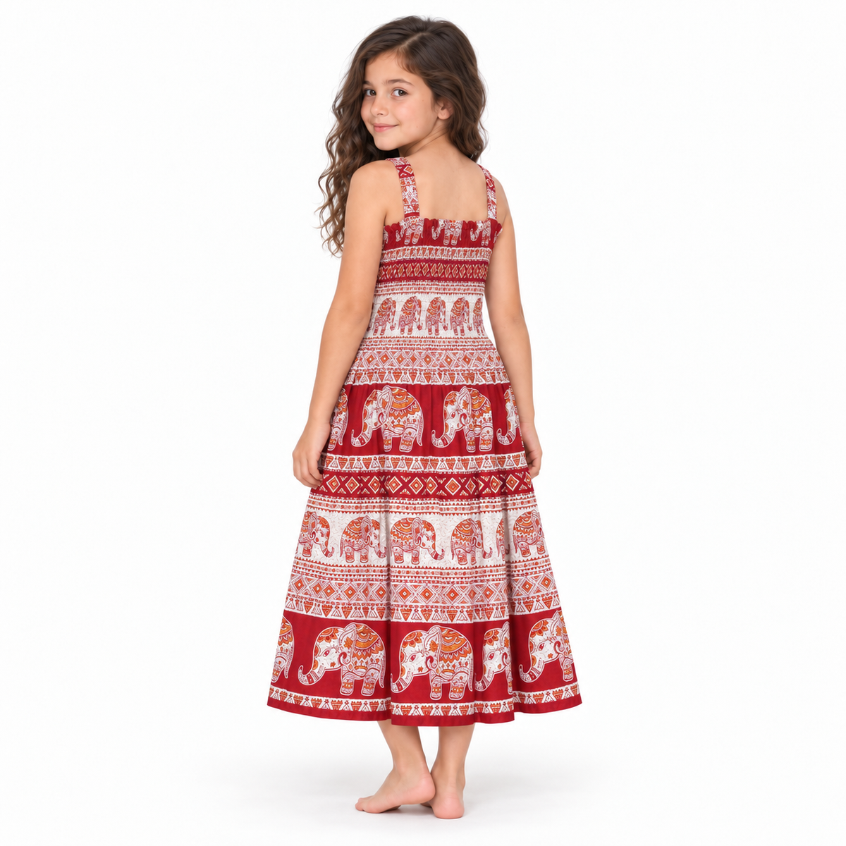 Red Elephant Print Smocked Dress - model three-quarter back view