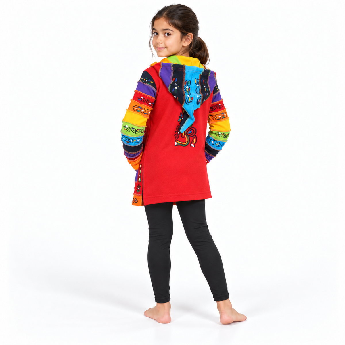 Red Patchwork Hoodie - model three-quarter back view
