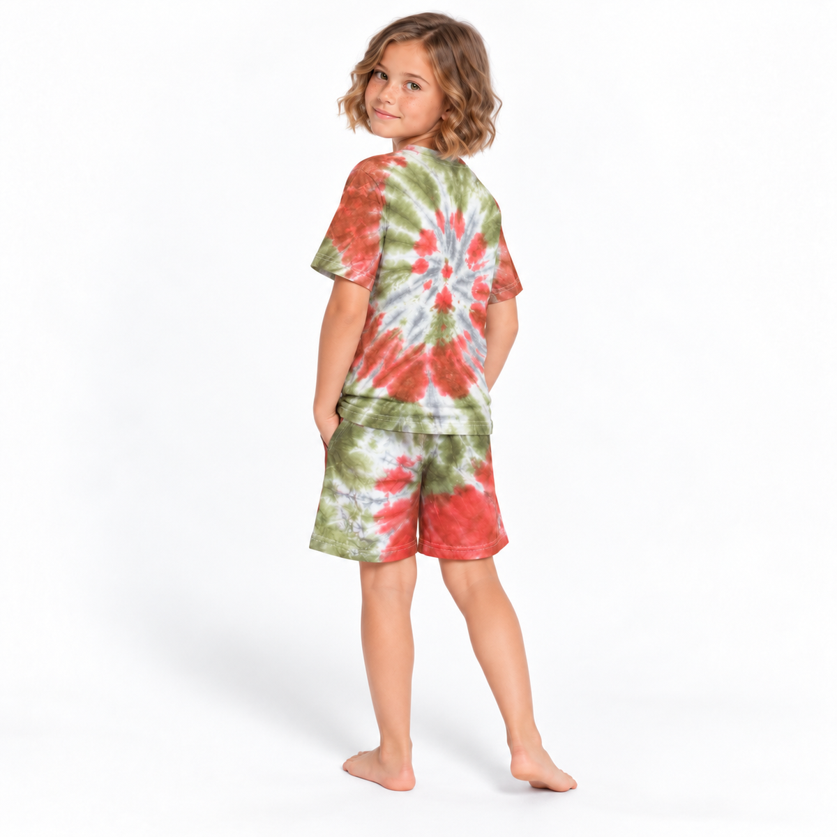 Orange Olive Tie-Dye Tee and Shorts Set - model three-quarter back view