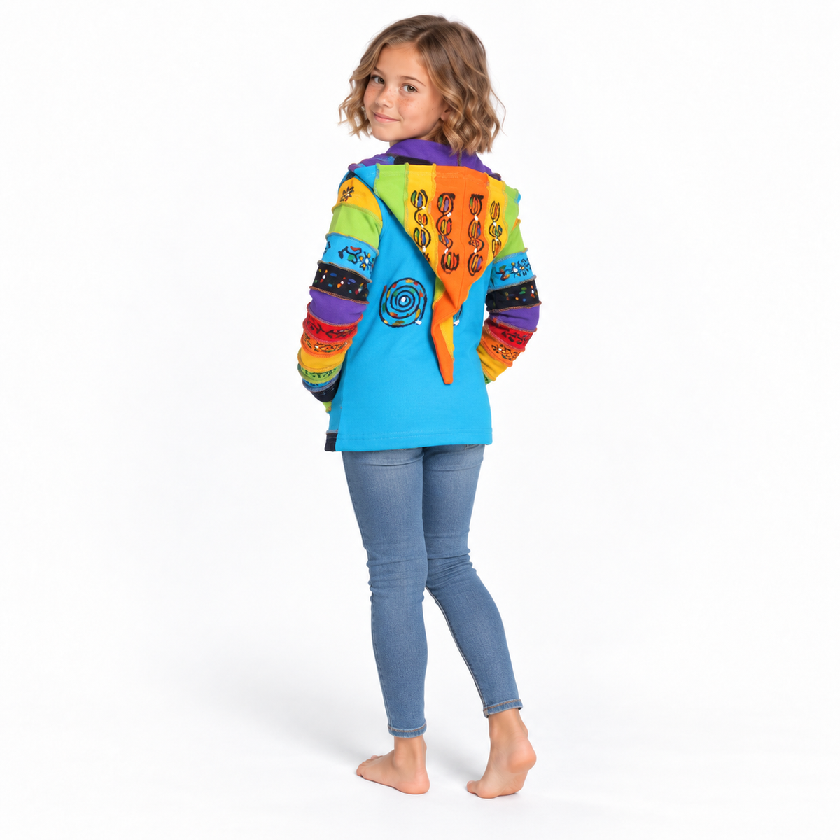 Blue Patchwork Hoodie - model three-quarter back view