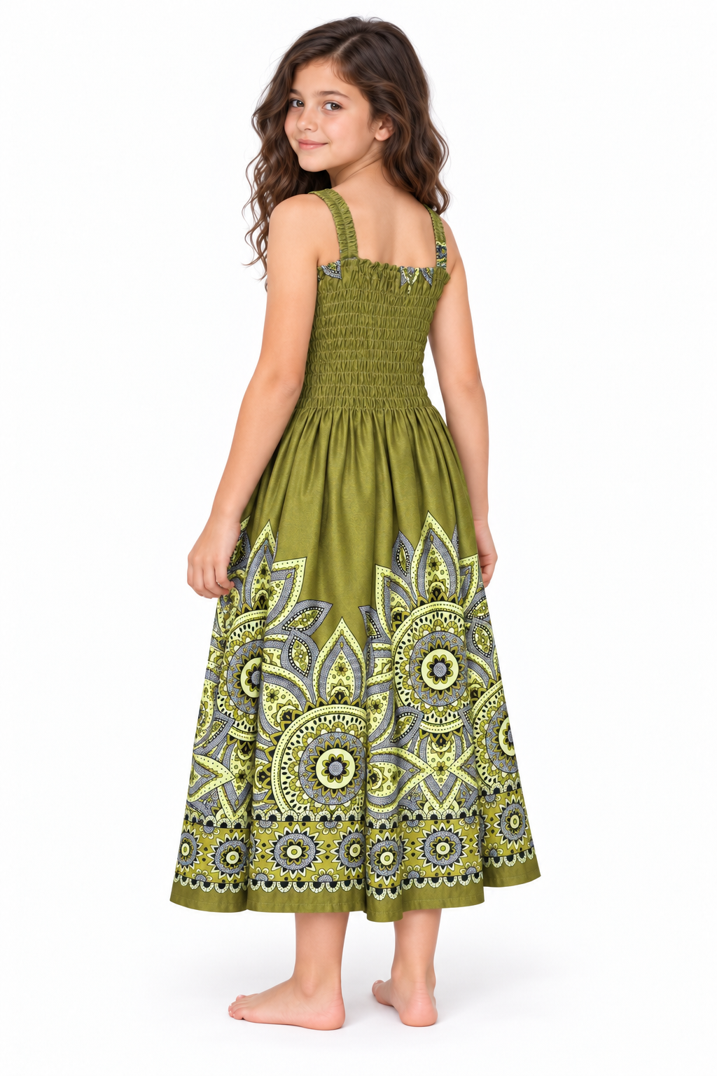 Olive Mandala Smocked Dress - model three-quarter back view