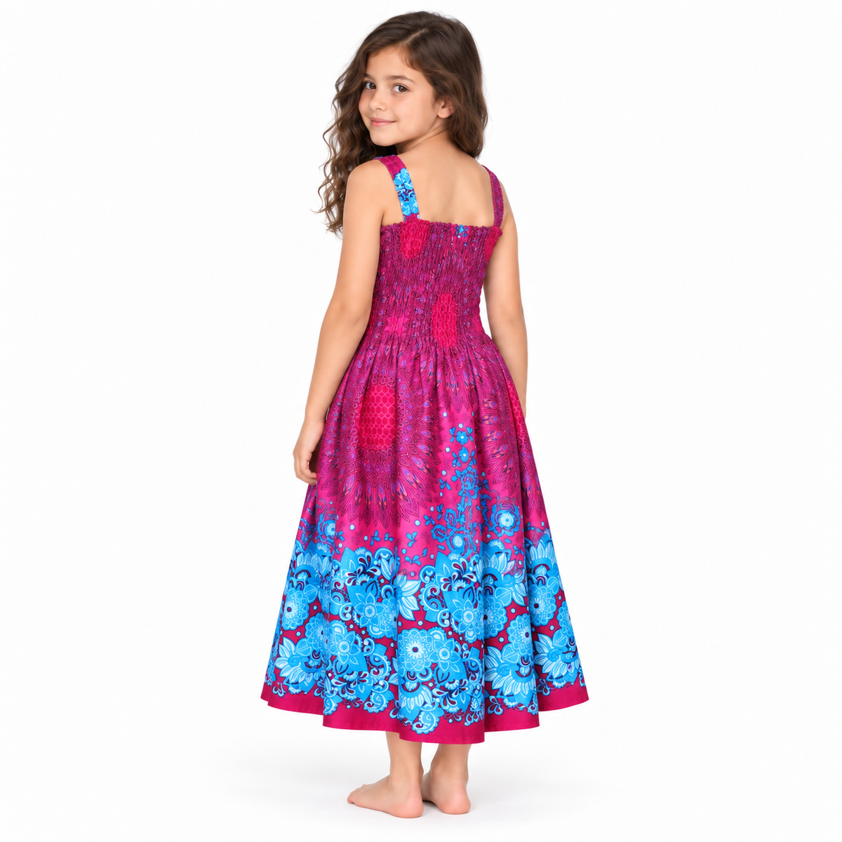 Magenta Blue Floral Border Smocked Dress - model three-quarter back view