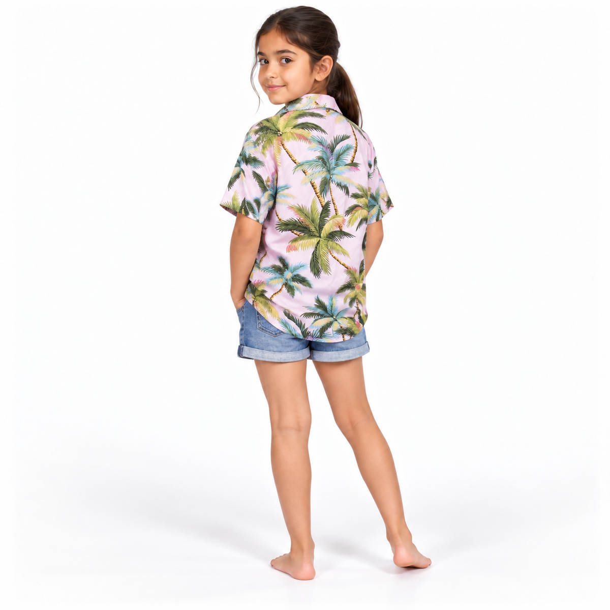 Pink Palm Trees Shirt - model three-quarter back view